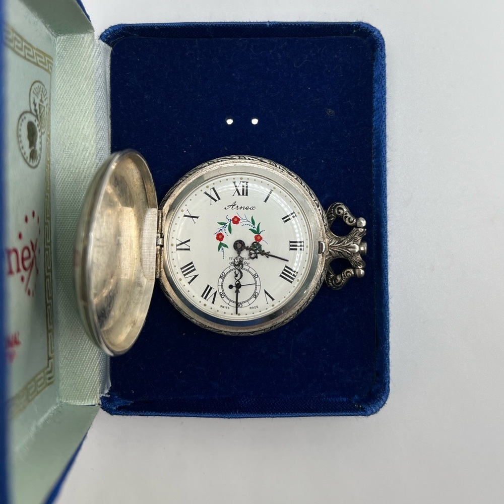 Vintage Arnex 17J Swiss Pocket Watch Dog Bird Scene
